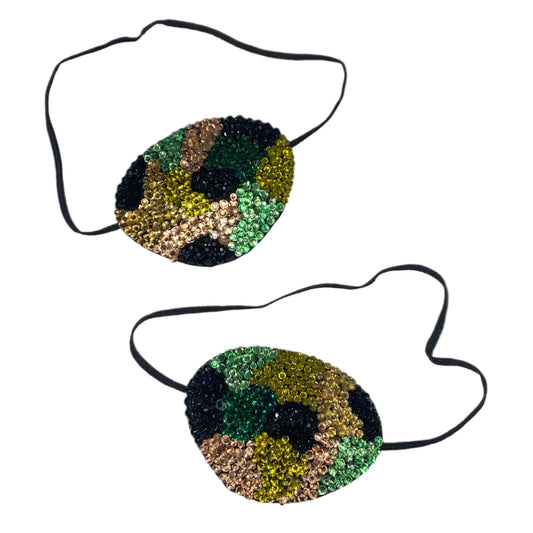 Black Eye Patch Bedazzled In Black Gold & Green Mix "Camo" Crystals