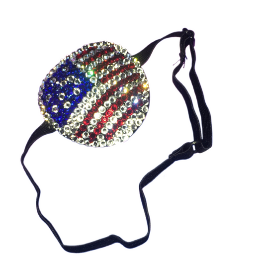 Black Padded Medical Patch In Luxe Crystals "USA" Flag Bedazzled Eye Patch