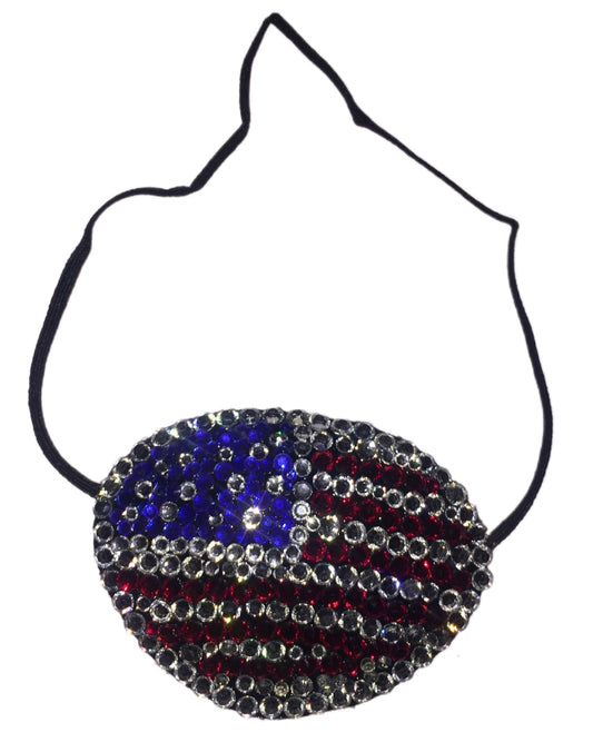 Black Eye Patch Bedazzled In USA Patriot Flag Red Blue & Crystal